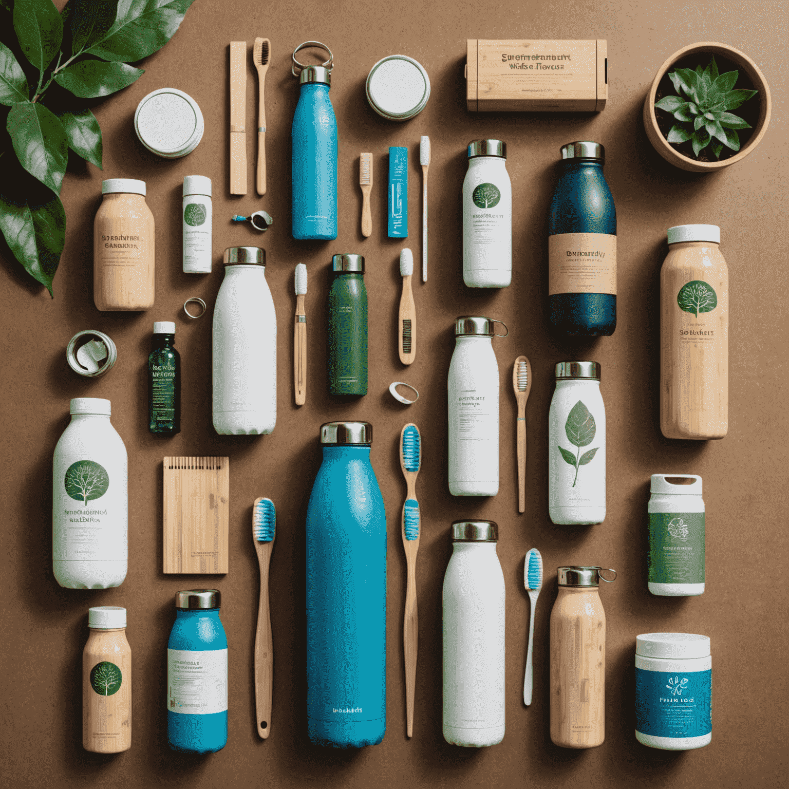 Collage von umweltfreundlichen Produkten, darunter wiederverwendbare Wasserflaschen, Bambuszahnbürsten, Solarladegeräte und kompostierbare Verpackungen