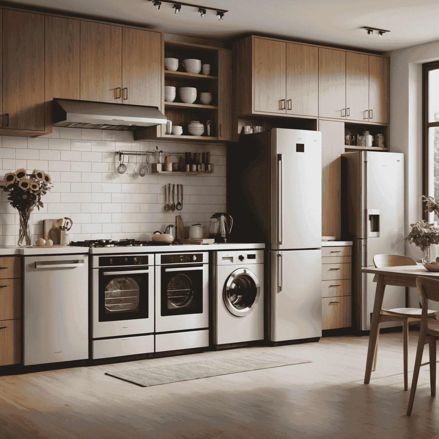 Verschiedene moderne, energieeffiziente Haushaltsgeräte in einer modernen Küche, darunter ein Kühlschrank, eine Waschmaschine und ein Geschirrspüler